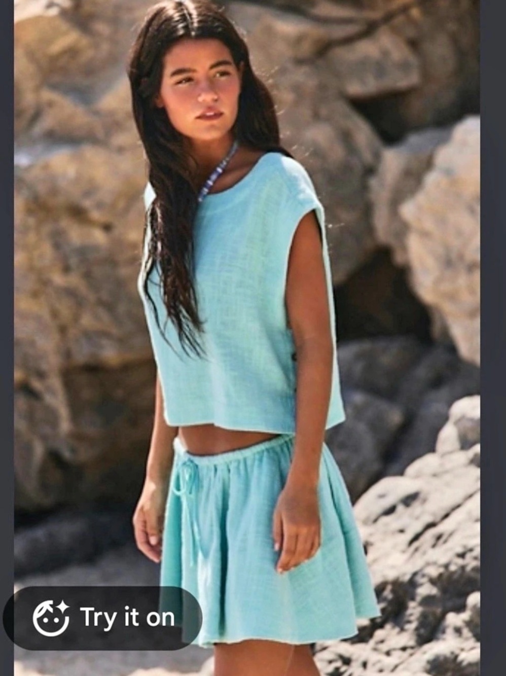Free-est Free People Skye Mini Skirt Set Blue Crop Top